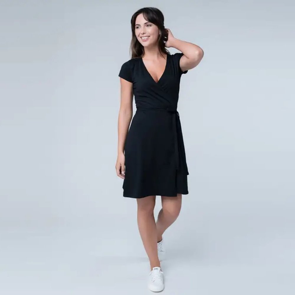 Pact Organic Cotton Wrap Dress, Size Medium, Black